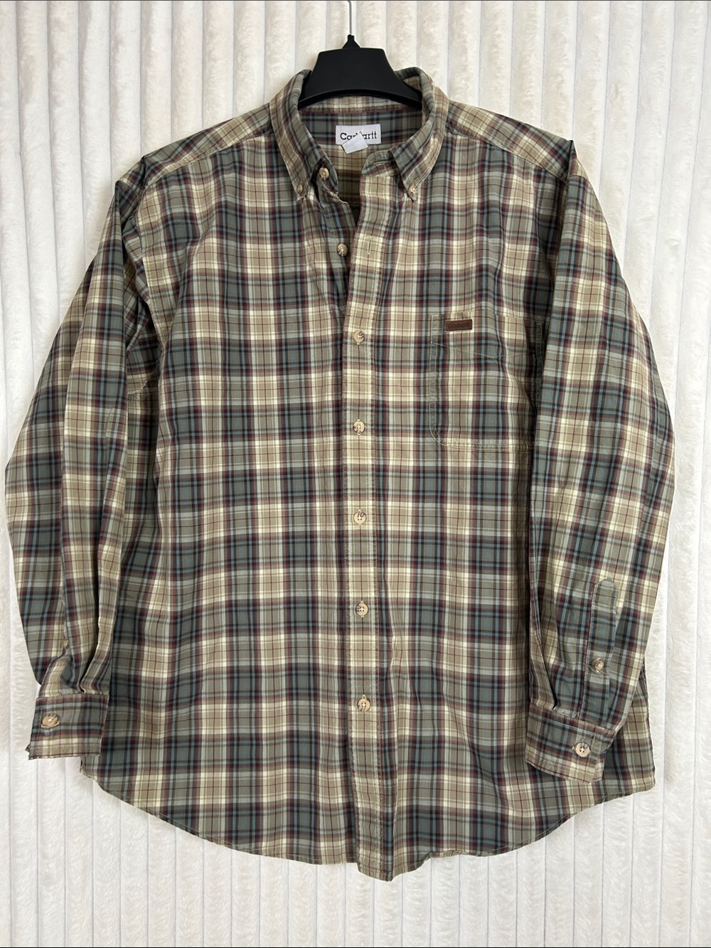 Carhartt Men's Tan Olive Plaid Button-Down Shirt XL